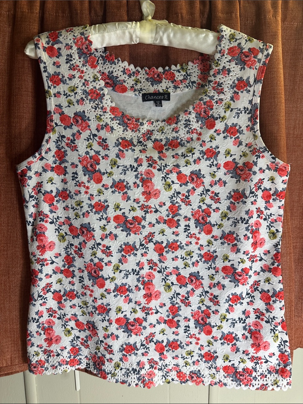 Chances R White Floral Sleeveless Top with Red Rose Print & edging
